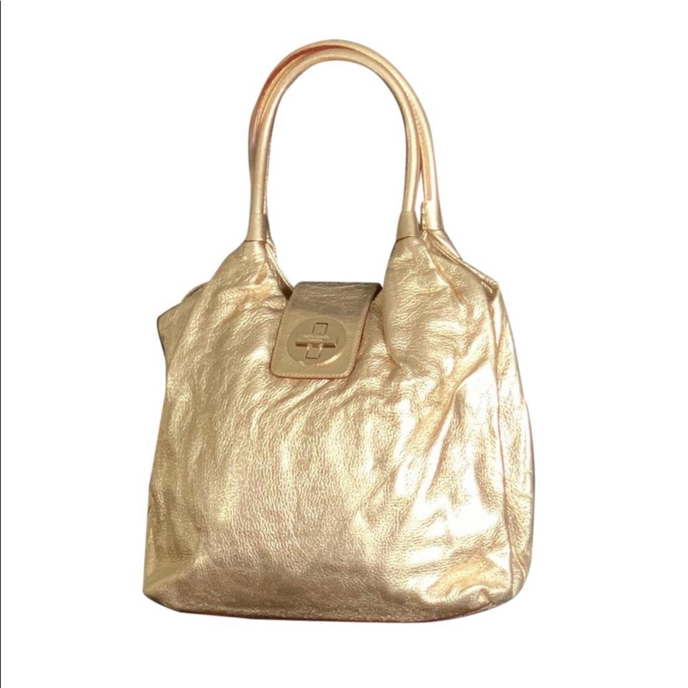 Kate Spade Gold Leather Shoulder Bag with Buckle Closure